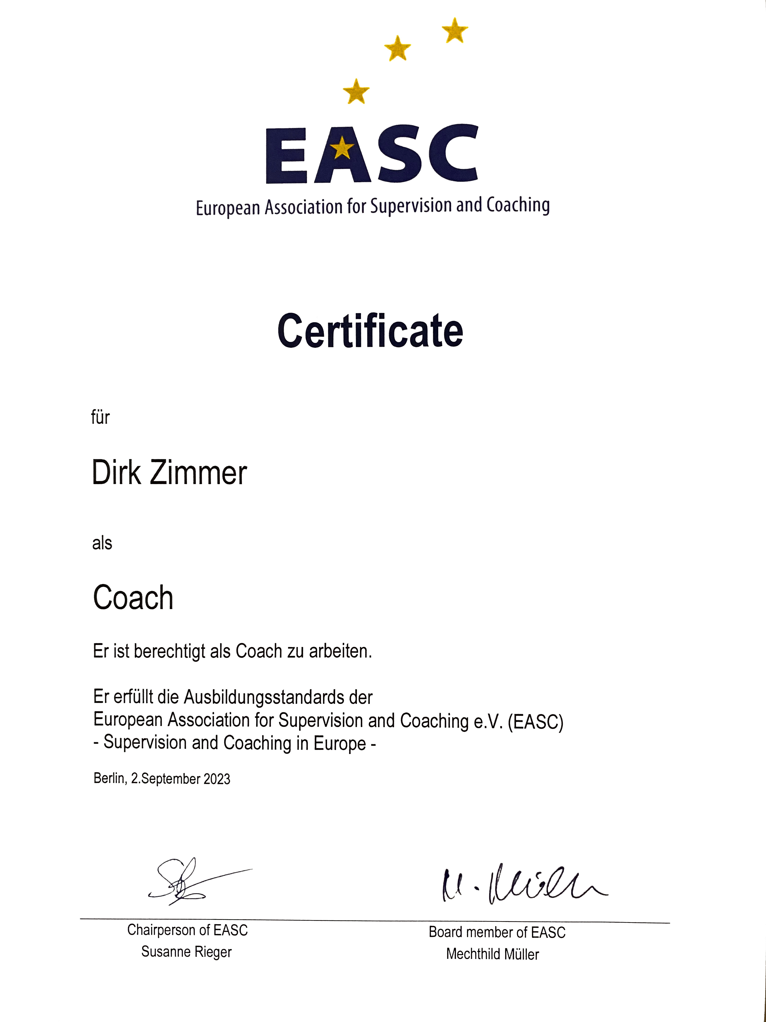 Zu sehen ist das Zertifikat von der European Association for Supervision and Coaching übergeben an Dirk Zimmer.